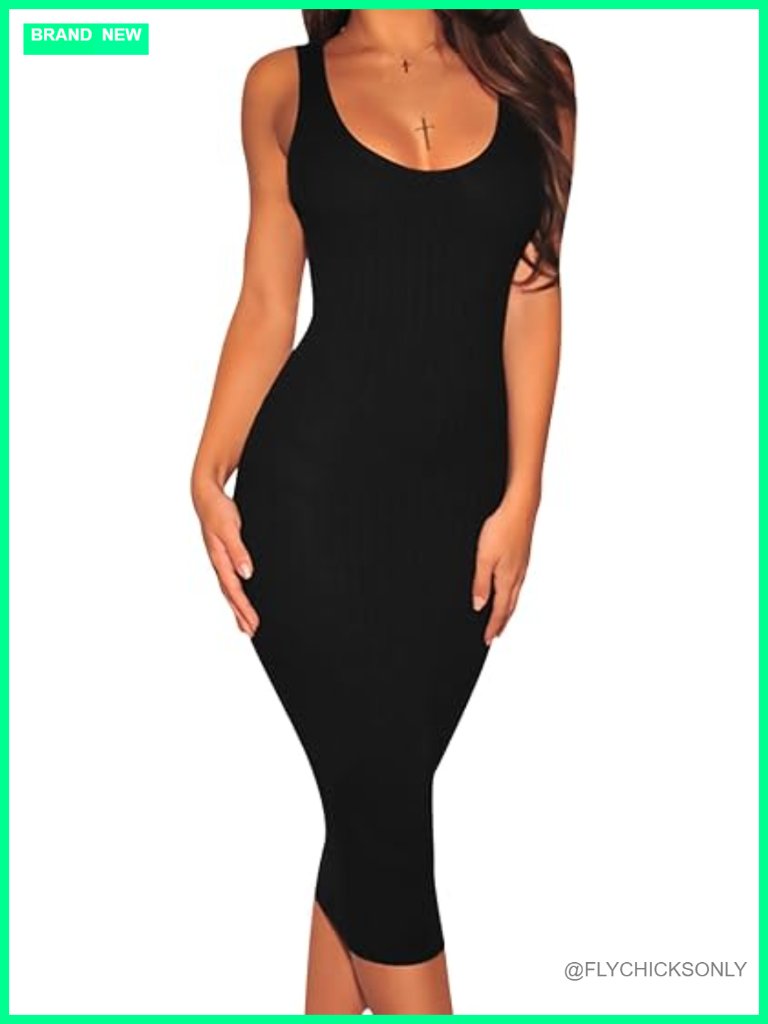 Sexy Bodycon Midi Tank Dress Sleeveless Ribbed Knit Club Dress